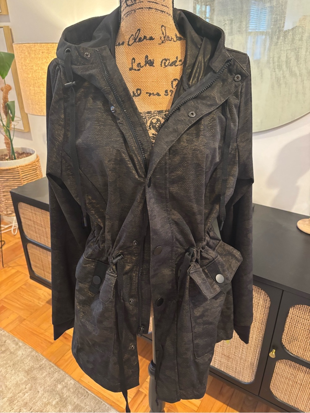 Women's Black/Gold Hooded Anorak Jacket - Lightweight Utility Coat